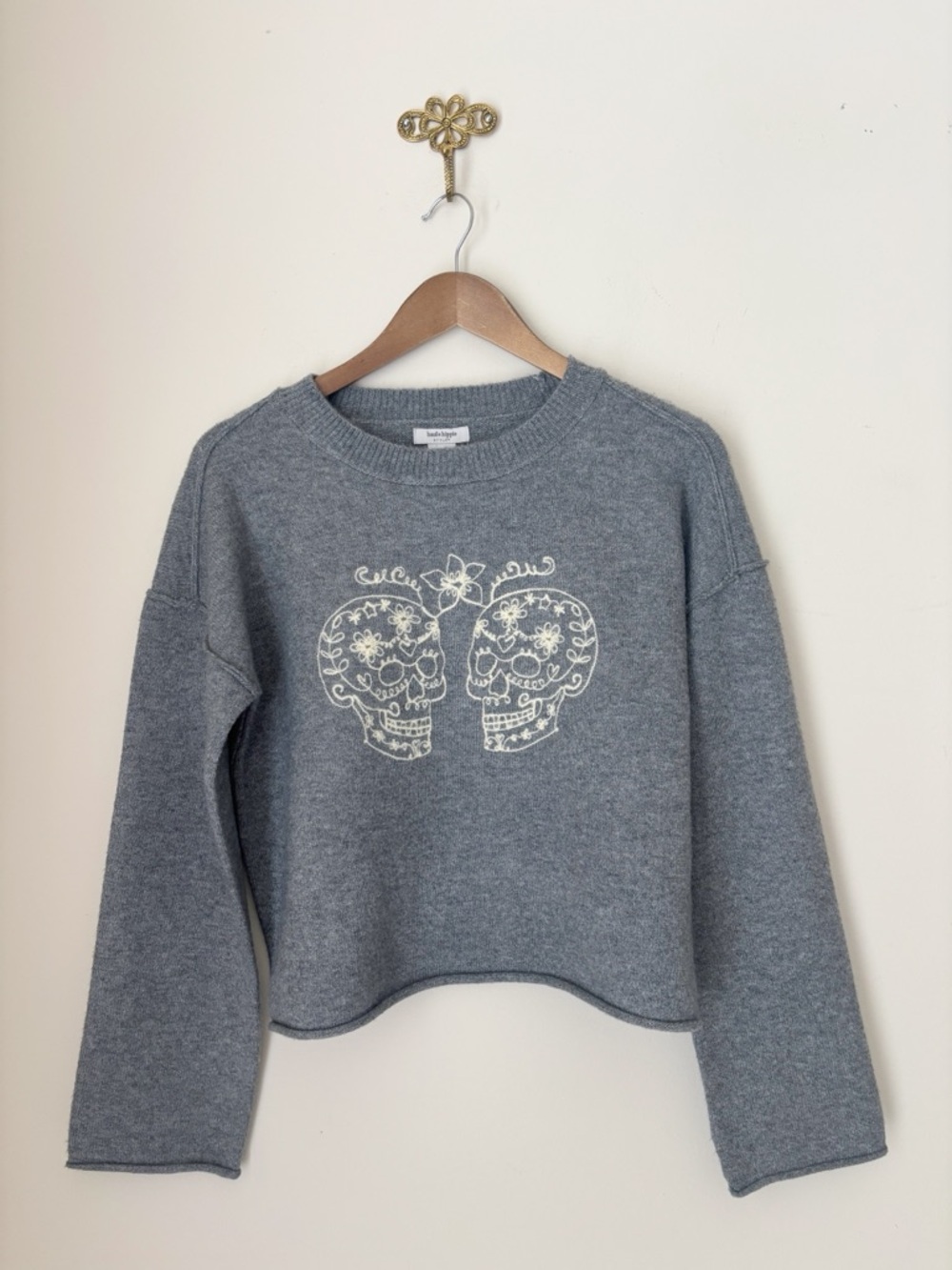 Haute Hippie Grey Embroidered Skull Pullover Sweater Medium